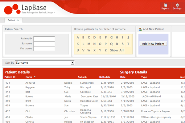Lapbase Patient Search Screen